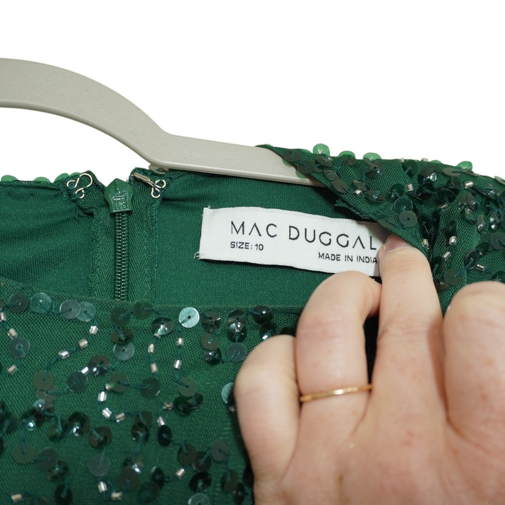 Mac Duggal Emerald Green Sequin Tiered Ruffle Bell Sleeve Midi Dress Size 10 NEW - Picture 7 of 11